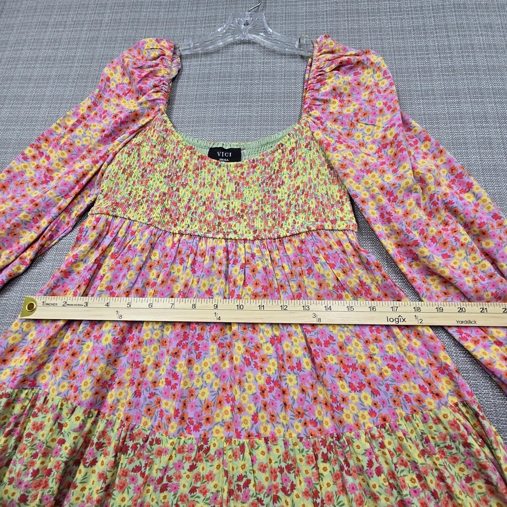 VICI Dress Womens Small Multicolor Floral Smocked Long Sleeve Boho Trapeze Swing - Picture 4 of 12